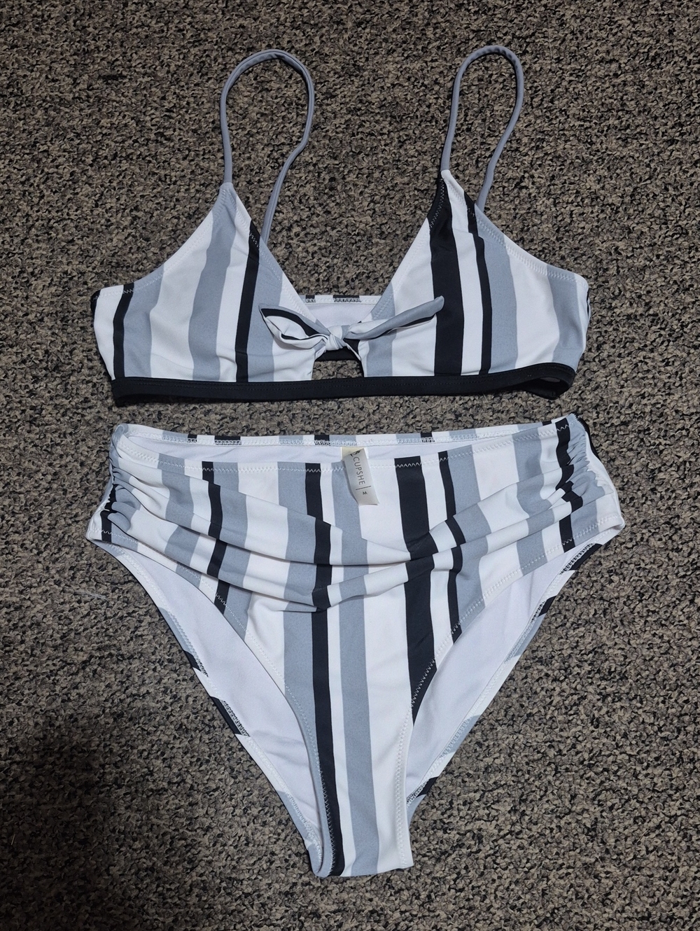 Cupshe Black, White & Gray Striped High-Waist Bikini